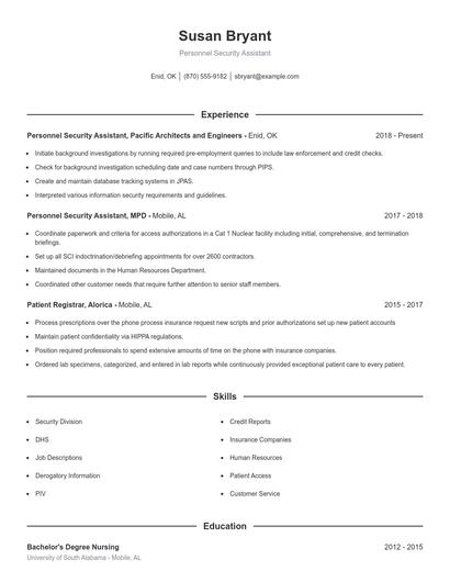 Personnel Security Assistant Resume