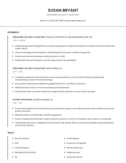 Personnel Security Assistant Resume