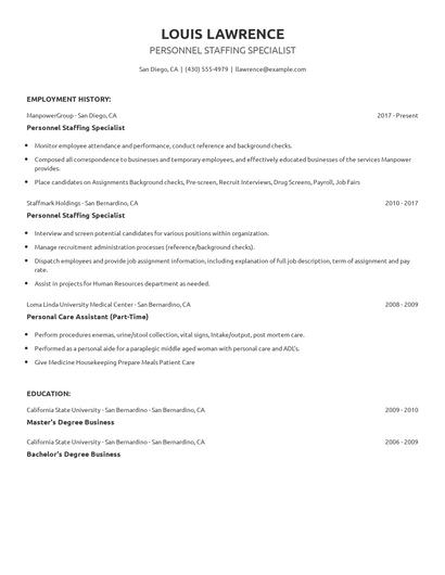 Personnel Staffing Specialist Resume