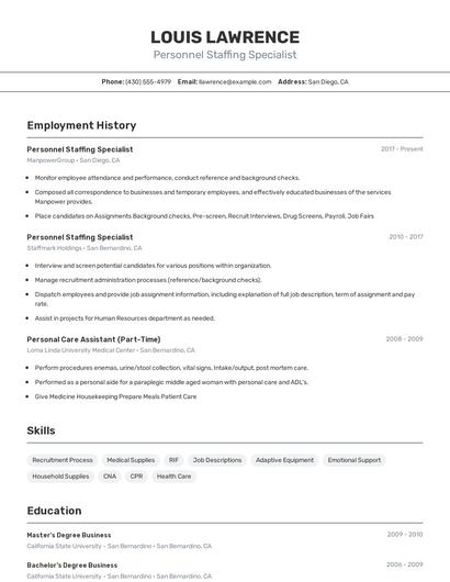 Personnel Staffing Specialist Resume