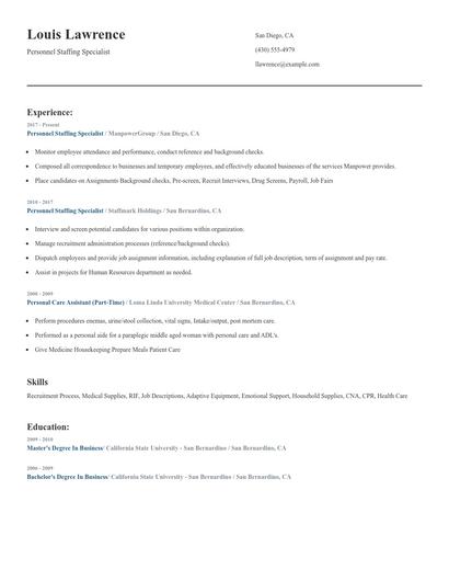 Personnel Staffing Specialist Resume