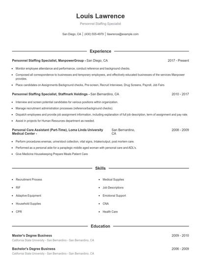 Personnel Staffing Specialist Resume