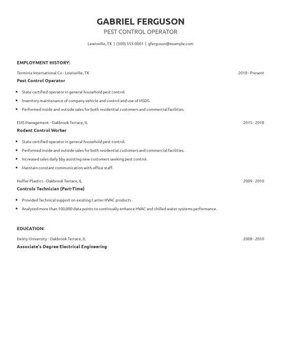 Pest Control Operator Resume