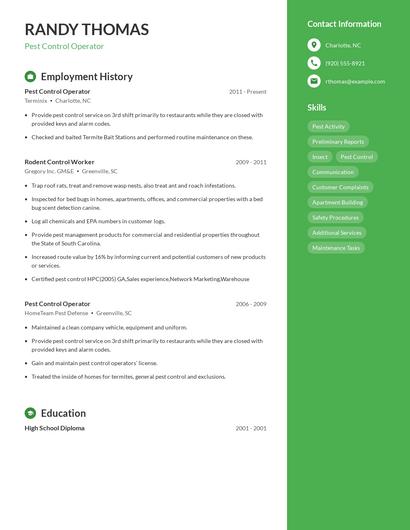Pest Control Operator Resume