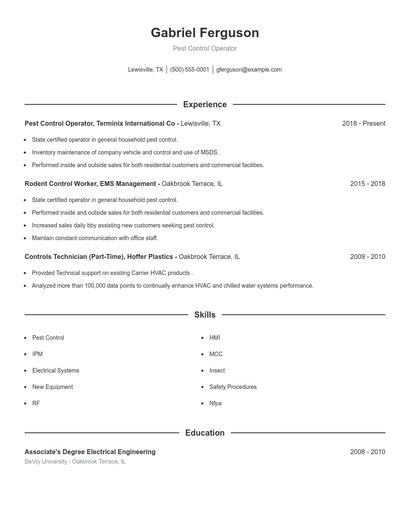 Pest Control Operator Resume