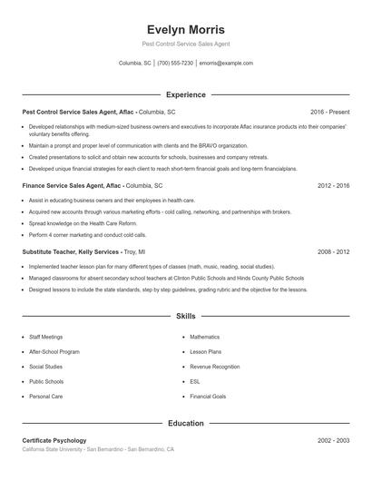 Pest Control Service Sales Agent Resume