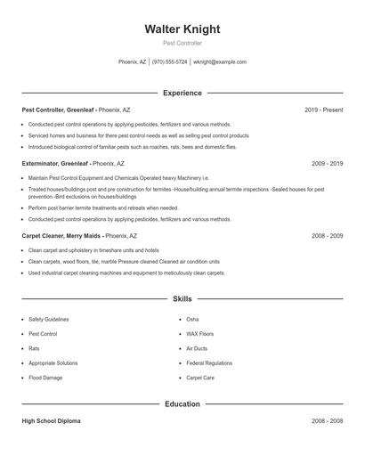 Pest Controller Resume