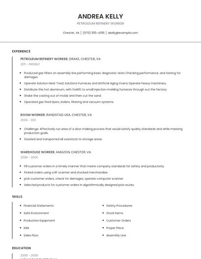 Petroleum Refinery Worker Resume