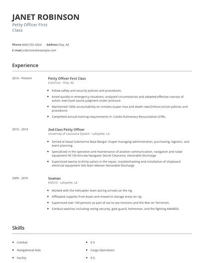 Petty Officer First Class Resume