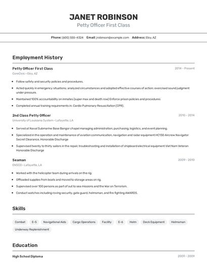 Petty Officer First Class Resume