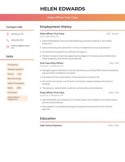 Petty Officer First Class Resume