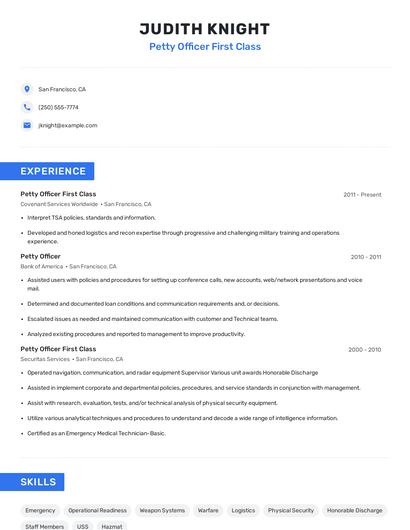 Petty Officer First Class Resume