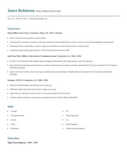 Petty Officer First Class Resume