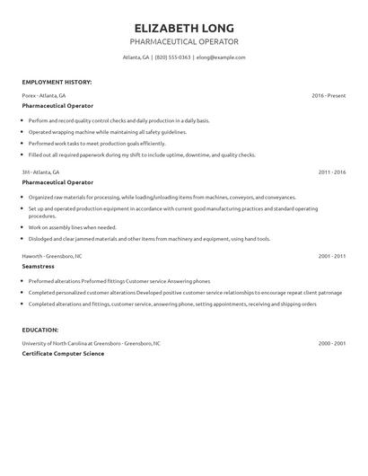Pharmaceutical Operator Resume