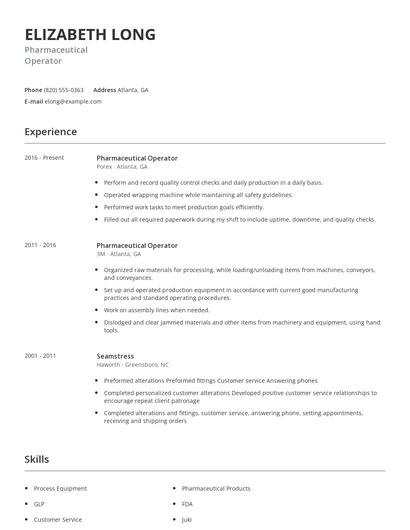 Pharmaceutical Operator Resume