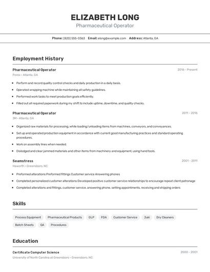 Pharmaceutical Operator Resume