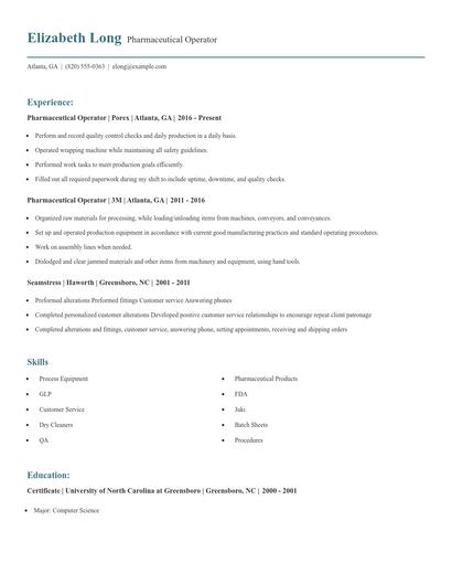 Pharmaceutical Operator Resume