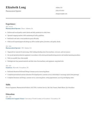 Pharmaceutical Operator Resume
