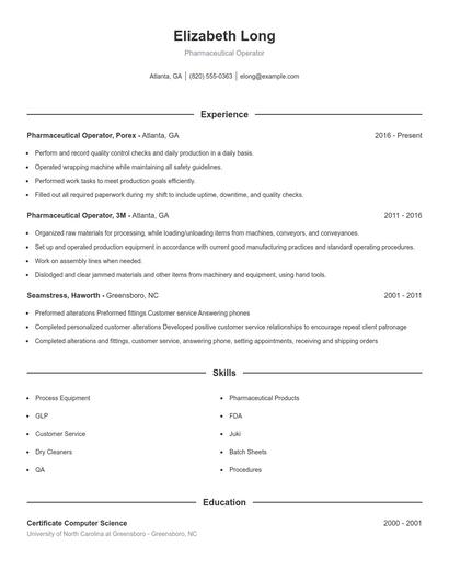 Pharmaceutical Operator Resume