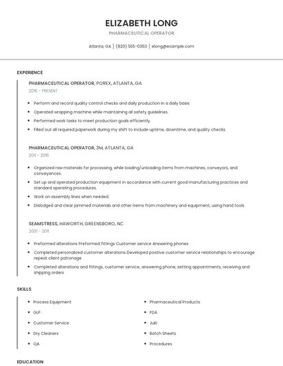 Pharmaceutical Operator Resume