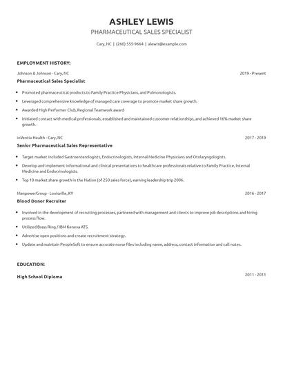 Pharmaceutical Sales Specialist Resume