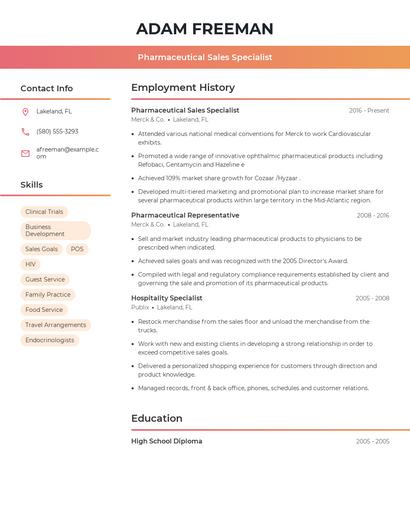 Pharmaceutical Sales Specialist Resume