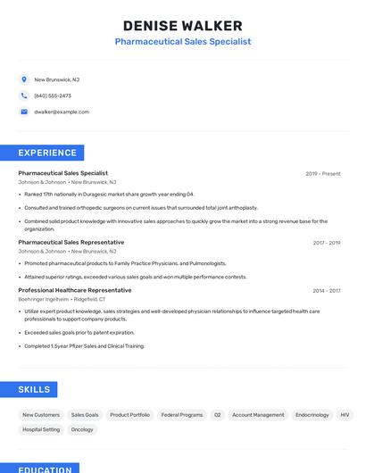 Pharmaceutical Sales Specialist Resume
