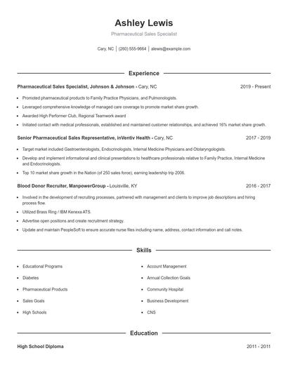 Pharmaceutical Sales Specialist Resume