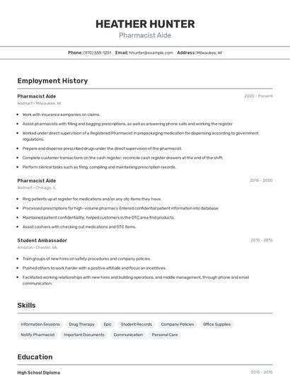 Pharmacist Aide Resume