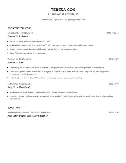 Pharmacist Assistant Resume