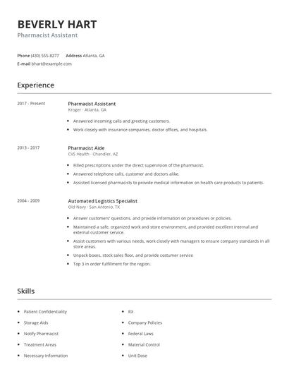Pharmacist Assistant Resume