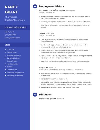 Pharmacist Cashier/Technician Resume