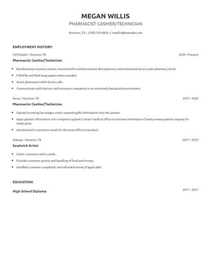 Pharmacist Cashier/Technician Resume