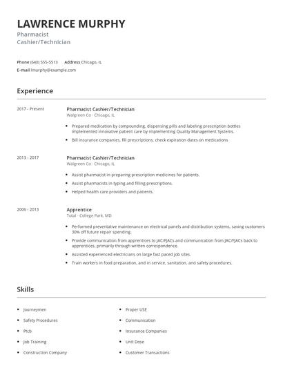 Pharmacist Cashier/Technician Resume