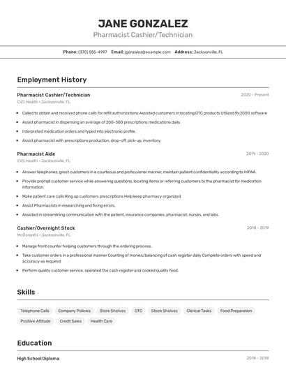 Pharmacist Cashier/Technician Resume