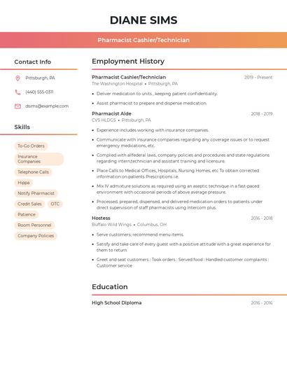 Pharmacist Cashier/Technician Resume
