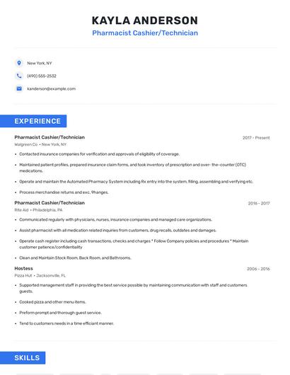 Pharmacist Cashier/Technician Resume
