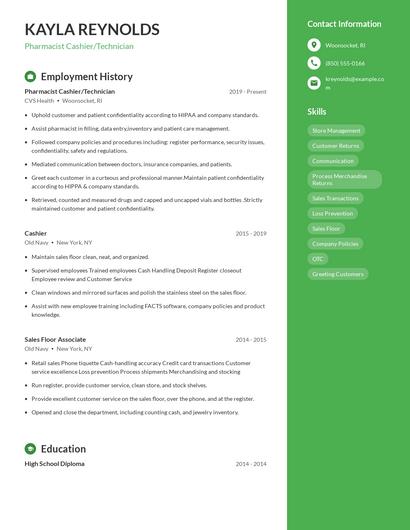 Pharmacist Cashier/Technician Resume