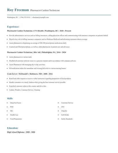 Pharmacist Cashier/Technician Resume