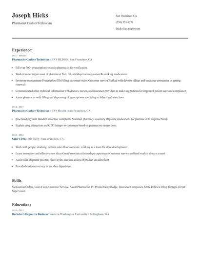 Pharmacist Cashier/Technician Resume