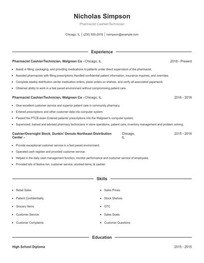 Pharmacist Cashier/Technician Resume