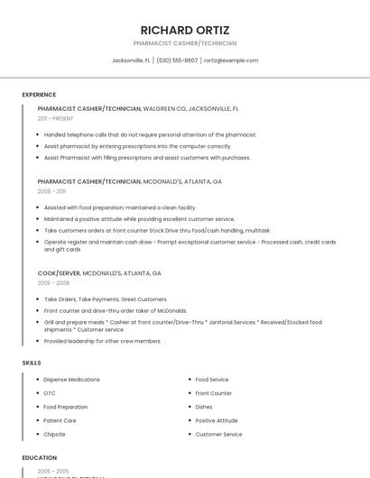 Pharmacist Cashier/Technician Resume