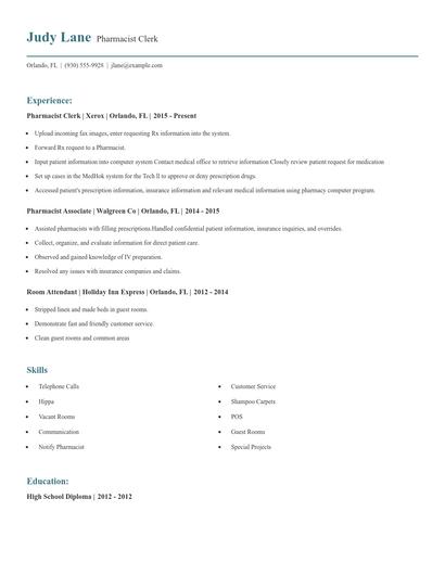 Pharmacist Clerk Resume