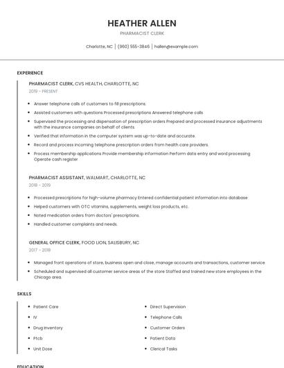 Pharmacist Clerk Resume