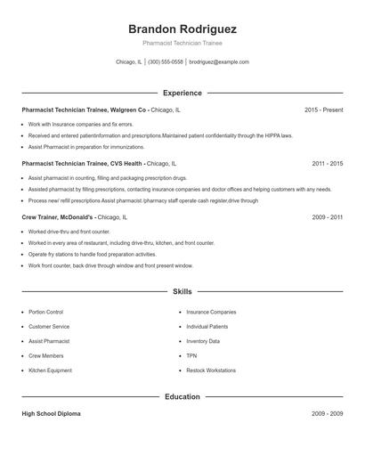 Pharmacist Technician Trainee Resume
