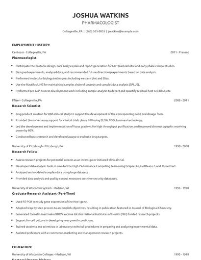 Pharmacologist Resume