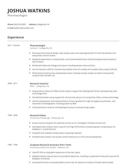 Pharmacologist Resume