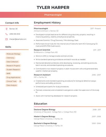Pharmacologist Resume