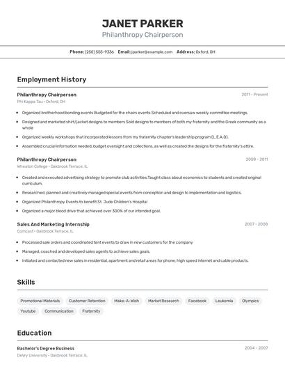 Philanthropy Chairperson Resume