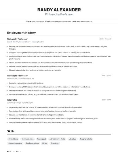 Philosophy Professor Resume